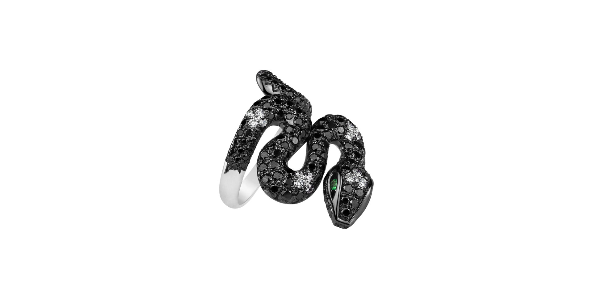 Ring with black and white diamonds and Emerald Serpent of Hate