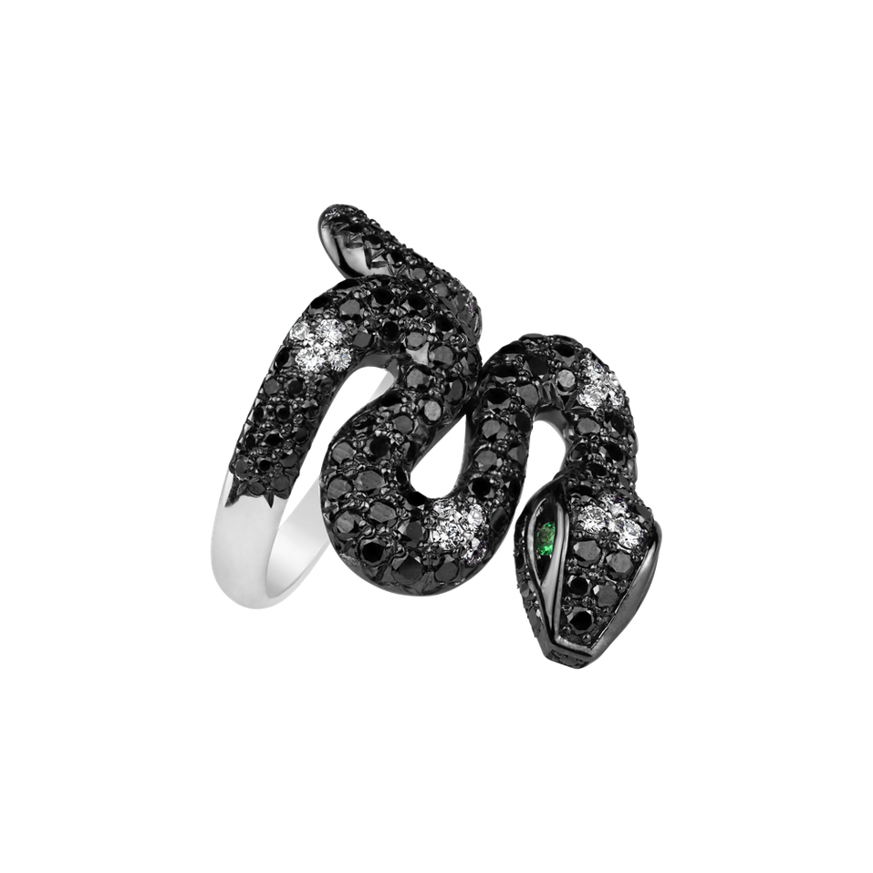 Ring with black and white diamonds and Emerald Serpent of Hate