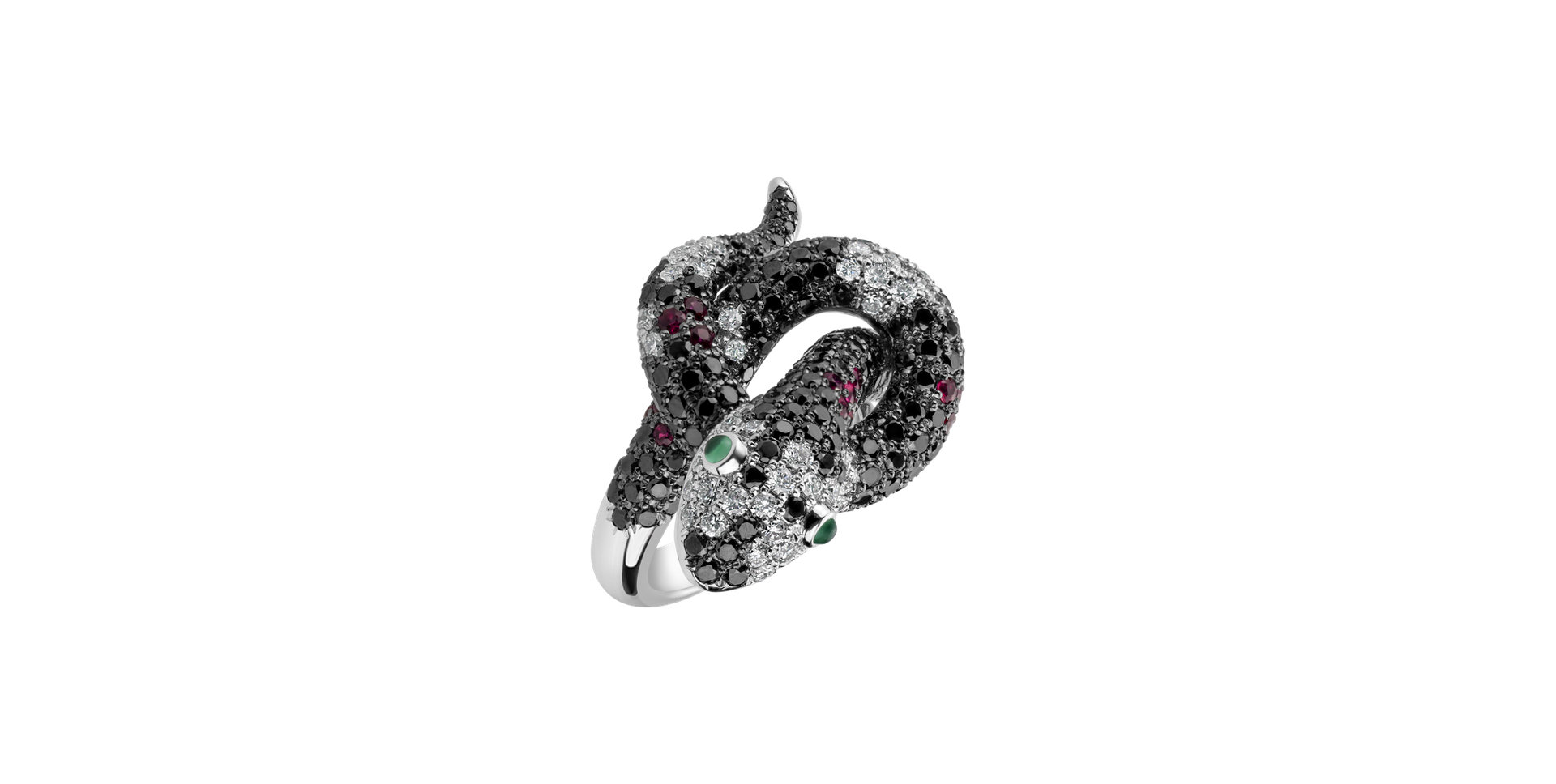 Ring with black and white diamonds, Ruby and Garnet The Dark Serpent