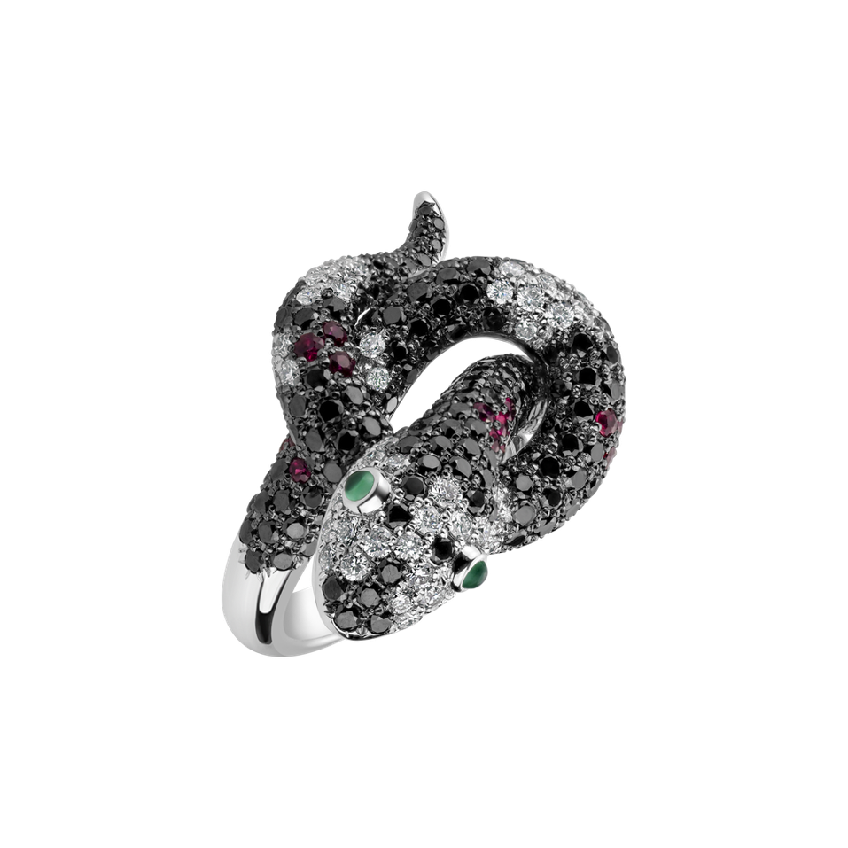 Ring with black and white diamonds, Ruby and Garnet The Dark Serpent
