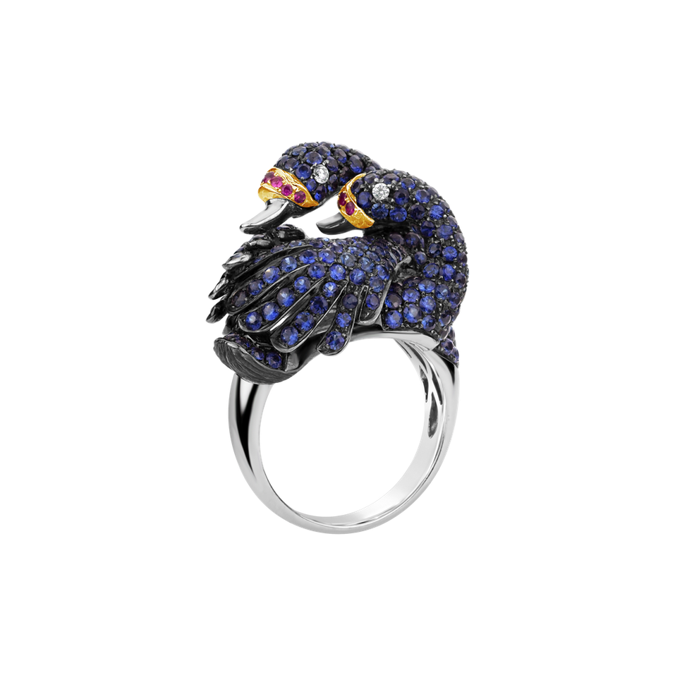 Diamond ring with Ruby and Sapphire Blue Swan