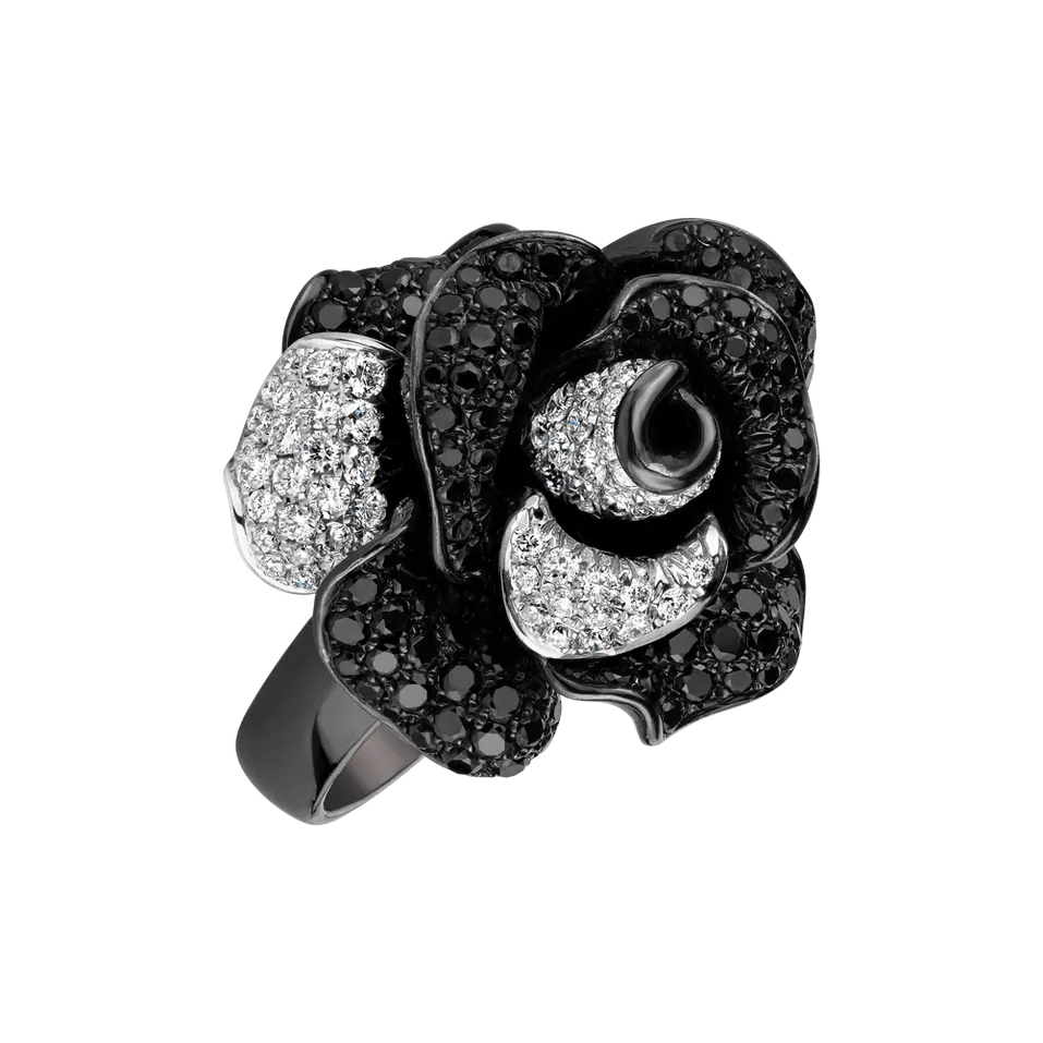 Ring with black and white diamonds Antique Rose
