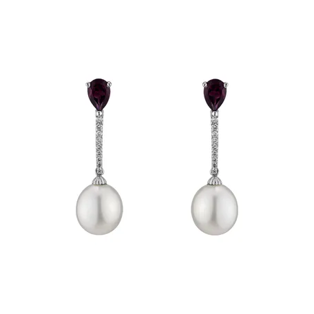 Earrings with Pearl, diamonds and Rhodolite Undersea Passion