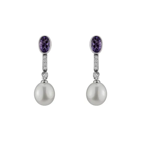 Earrings with Pearl, diamonds and Amethyst Ocean for Nadia