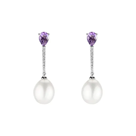 Earrings with Pearl, diamonds and Amethyst Ocean Beauty