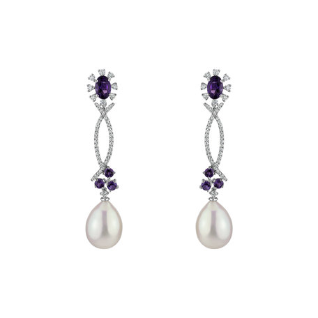 Earrings with Pearl, diamonds and Amethyst Secret of Underwater