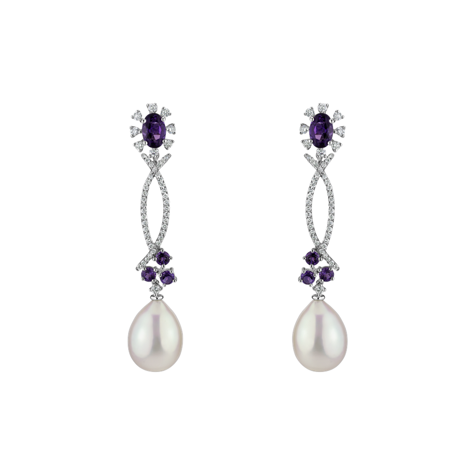 Earrings with Pearl, diamonds and Amethyst Secret of Underwater