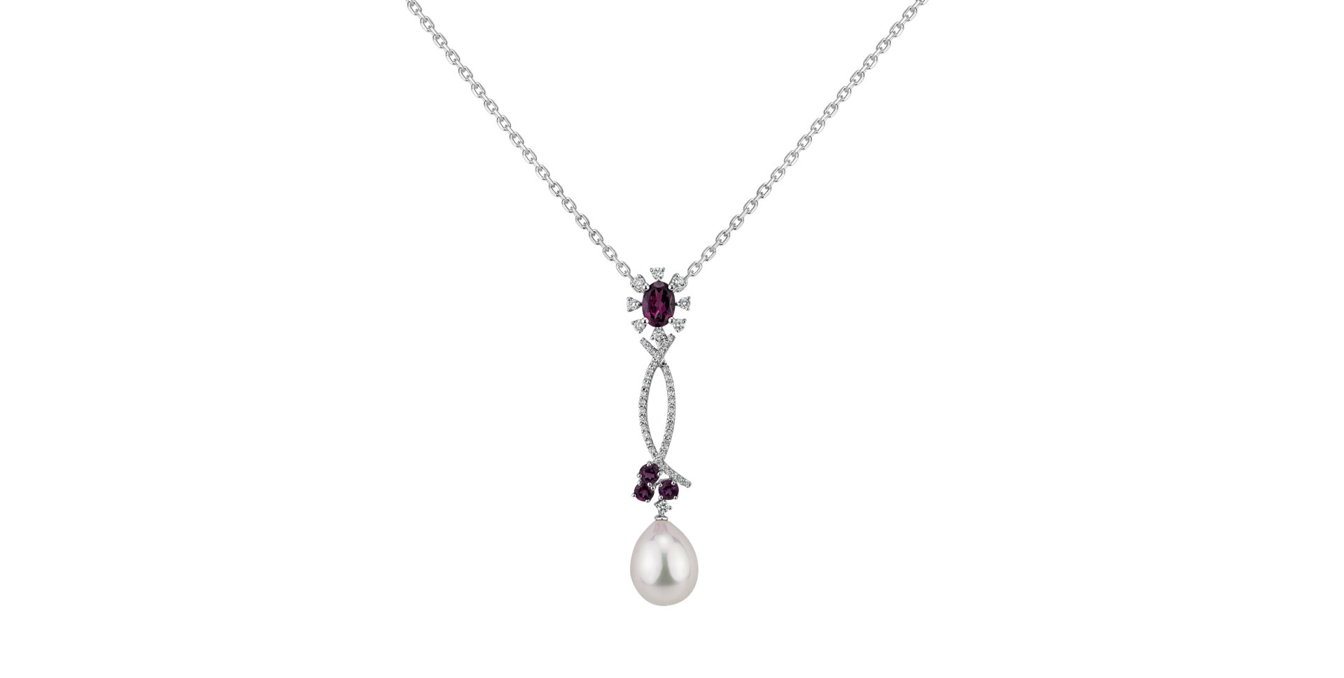 Diamond pendant with Pearl and Rhodolite Suzette