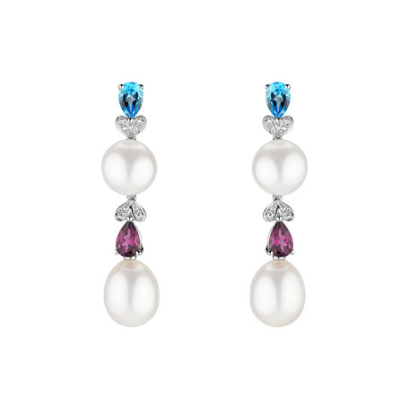 Diamond earrings, white Pearl and gemstones Ocean Love