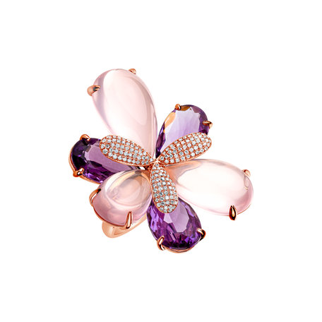 Diamond ring with Amethyst and Rose Quartz Garden Party