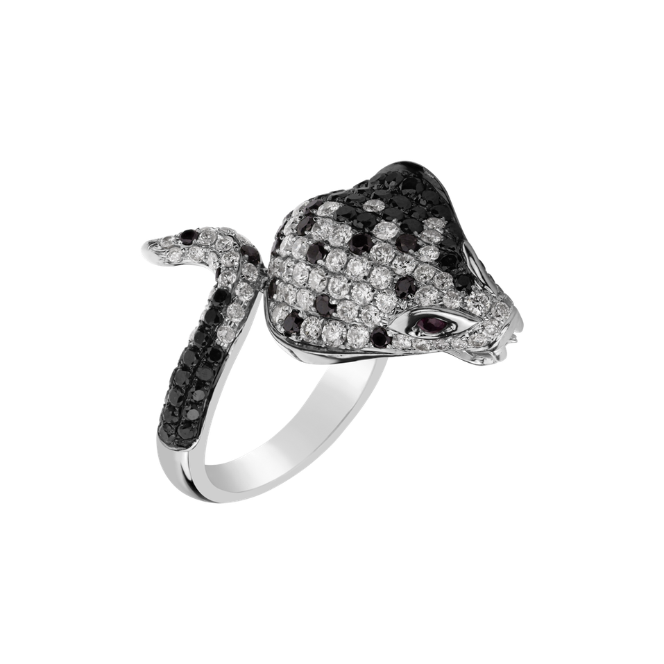 Ring with black and white diamonds, Mother of Pearl and Ruby Queen Cobra