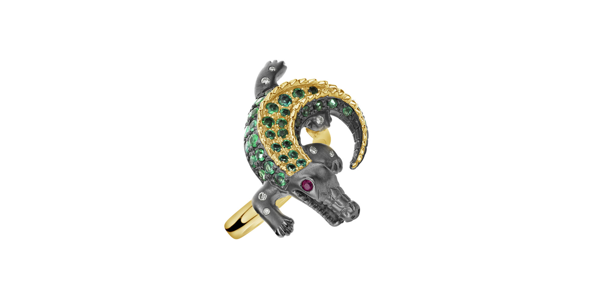 Diamond ring with Emerald and Ruby Black Croco