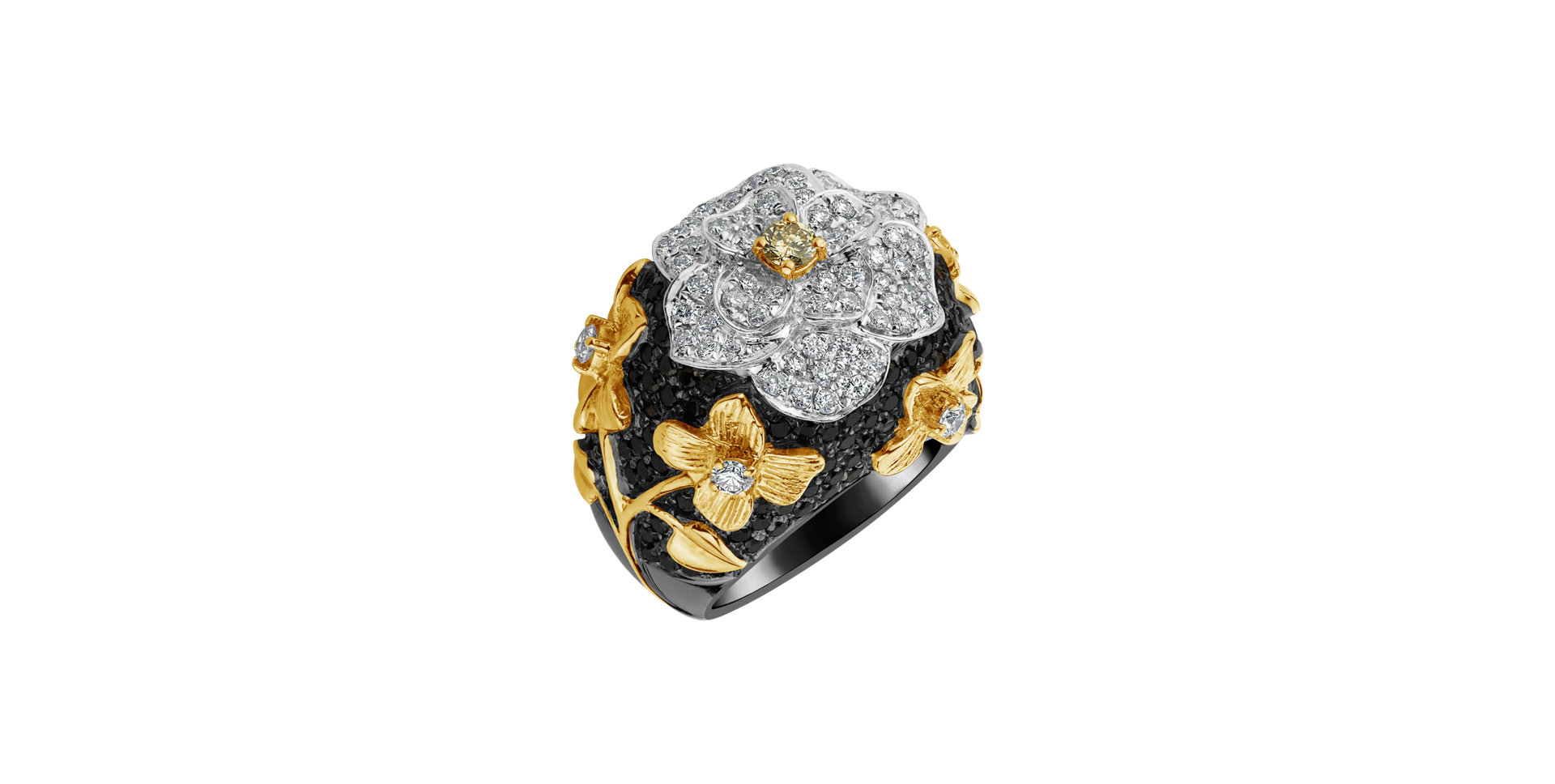 Ring with white, brown and black diamonds Night Magnolia
