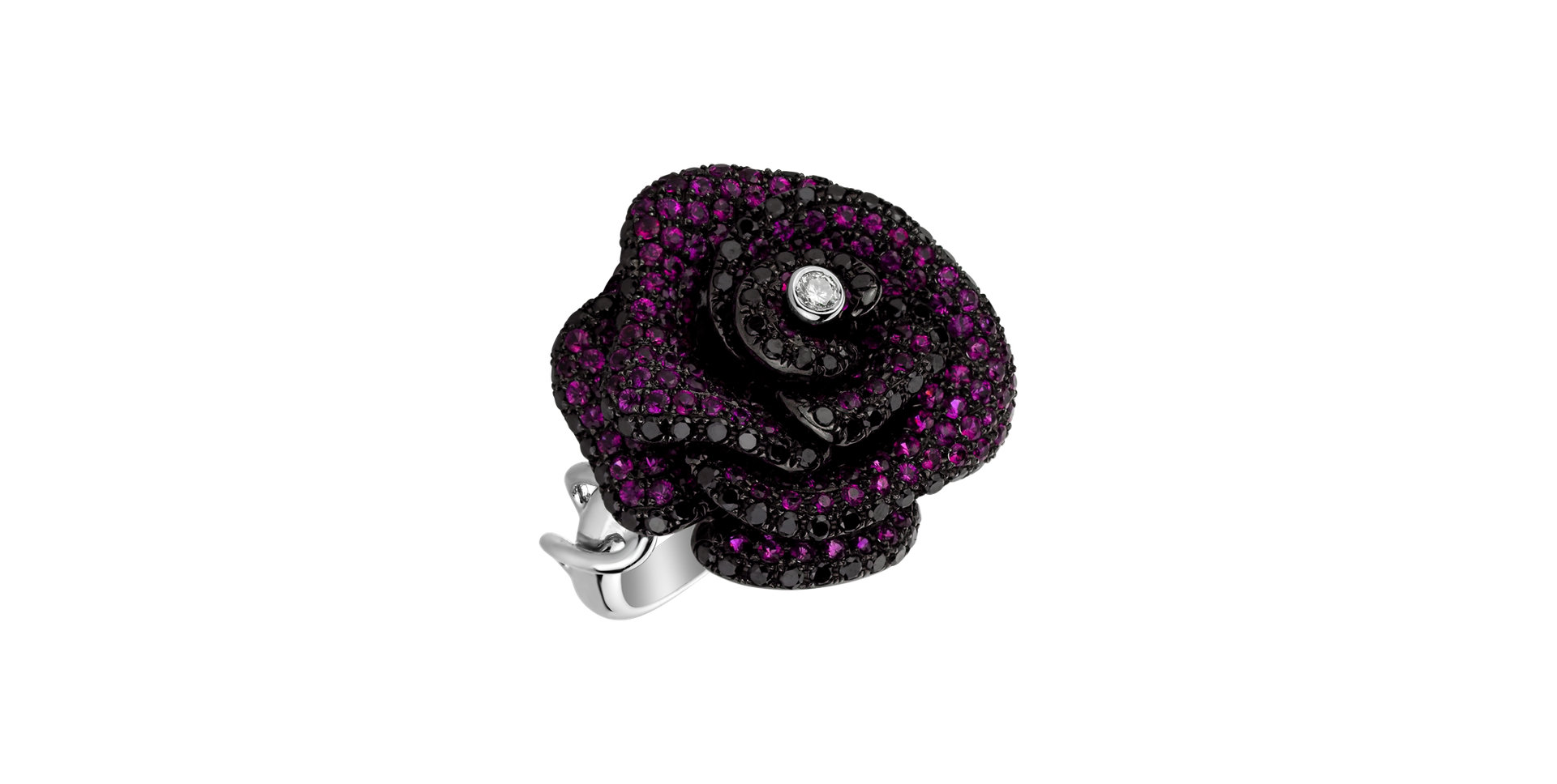 Ring with black and white diamonds, Ruby and Garnet Flor