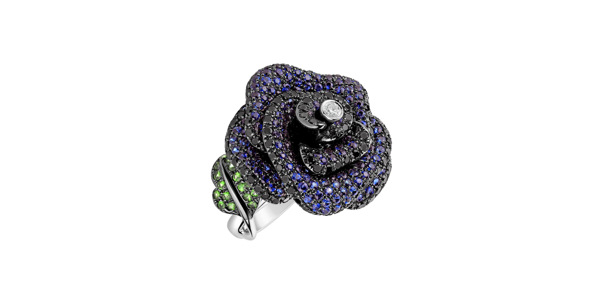 Ring with black and white diamonds, Sapphire and Garnet Flor