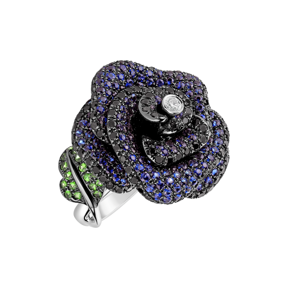 Ring with black and white diamonds, Sapphire and Garnet Flor