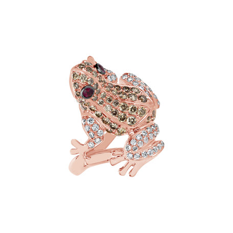 Ring with brown and white diamonds and Ruby Miracle Frog