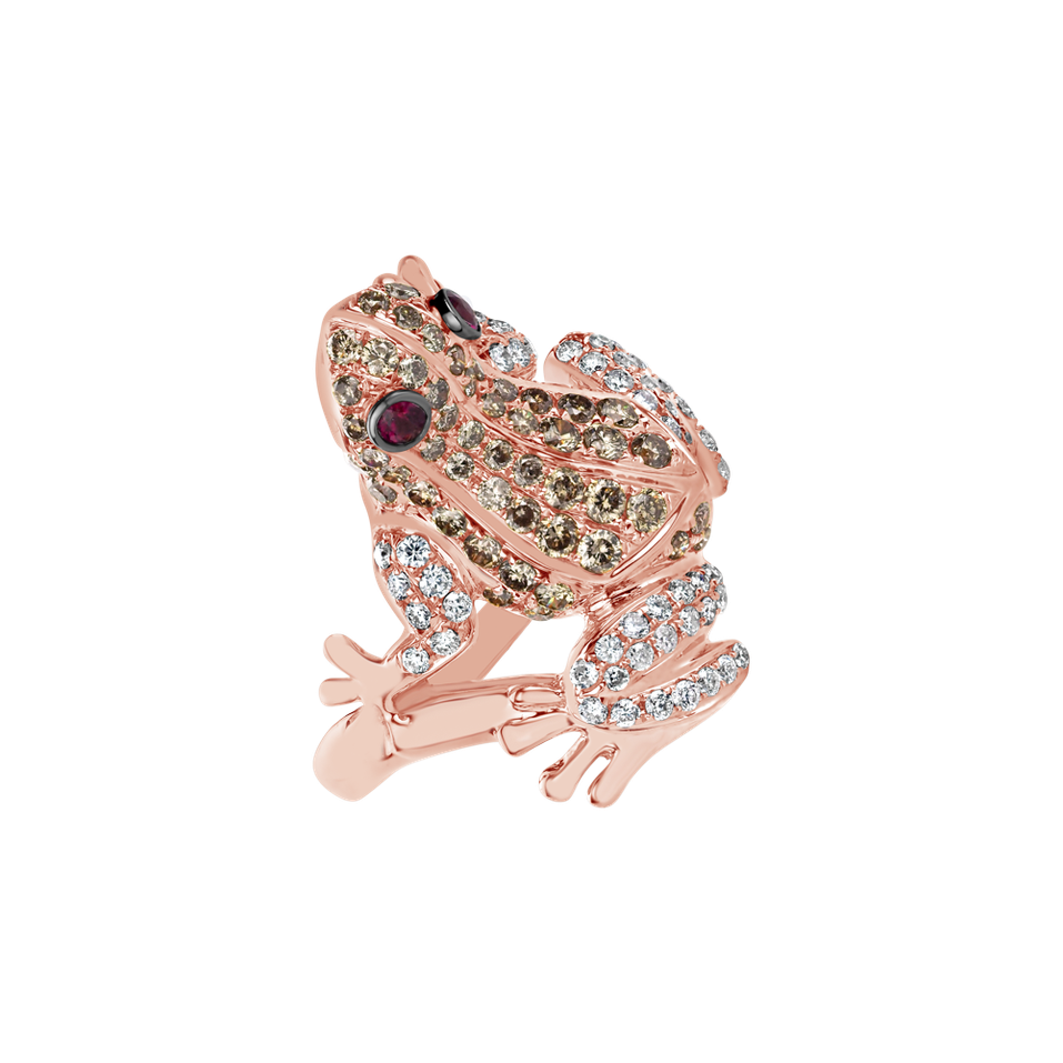 Ring with brown and white diamonds and Ruby Miracle Frog