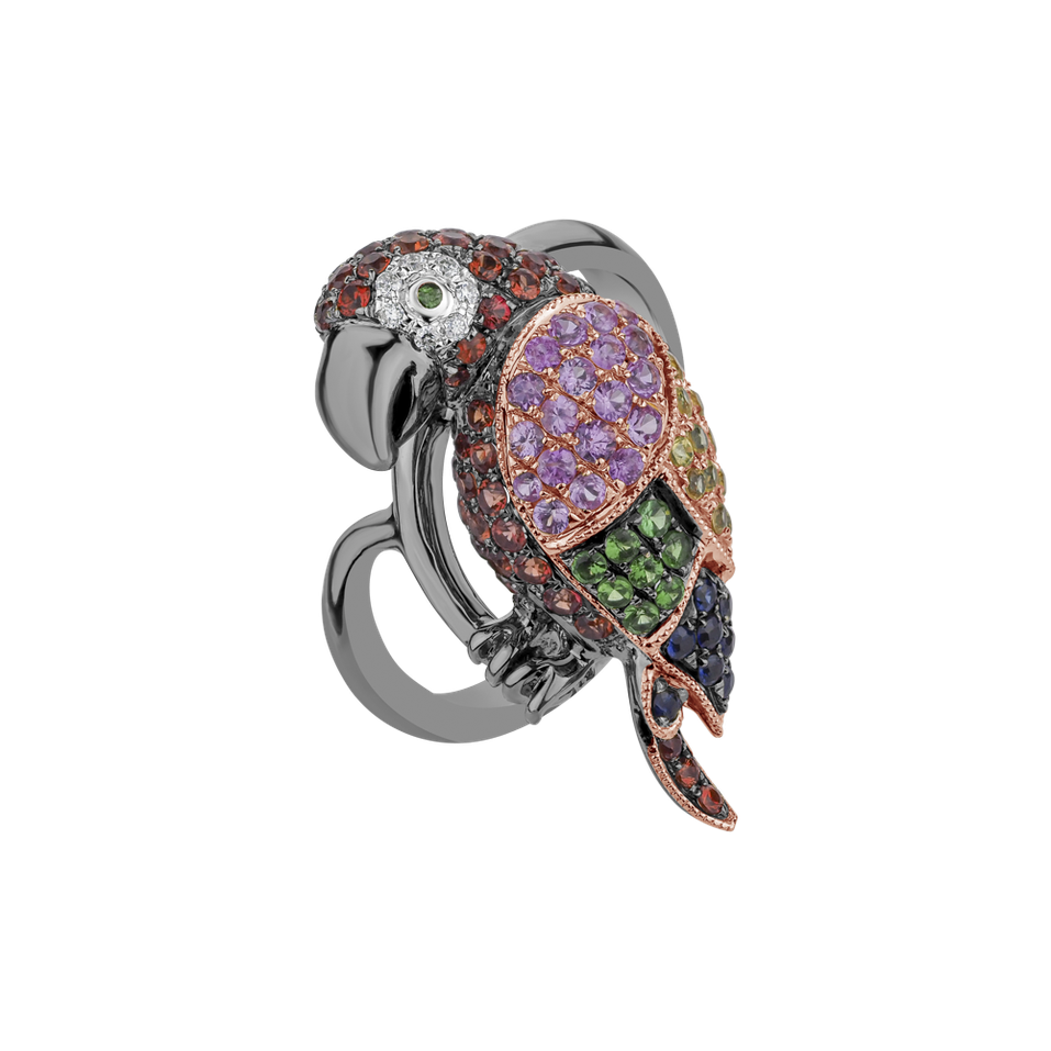 Diamond ring with Garnet and Sapphire Magic Parrot