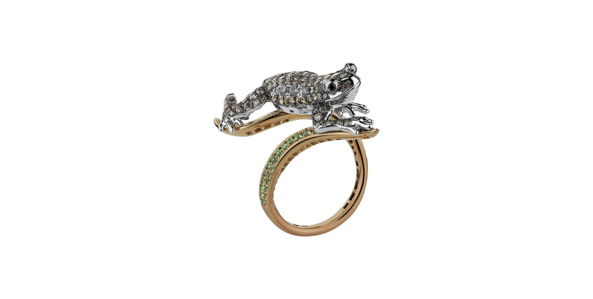 Ring with white, brown and black diamonds and Garnet Luxury Frog