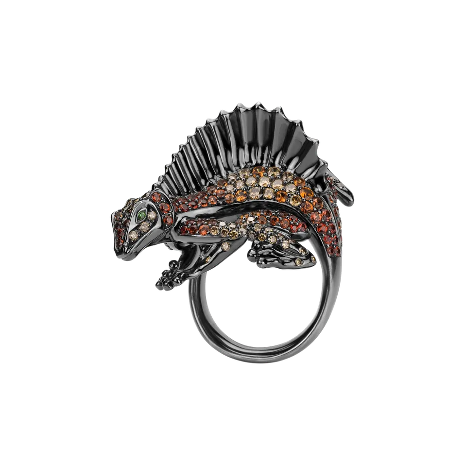 Ring with brown diamonds, Garnet and Sapphire Dark Lizard