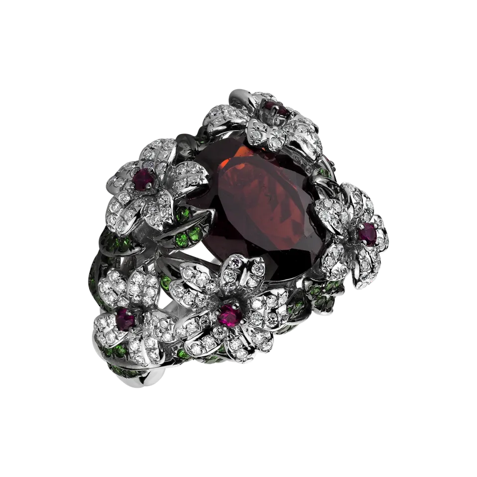 Diamond ring with Ruby and Garnet Bannister