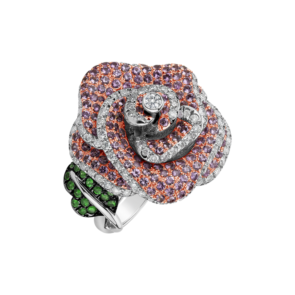Diamond ring with Sapphire and Garnet Flor