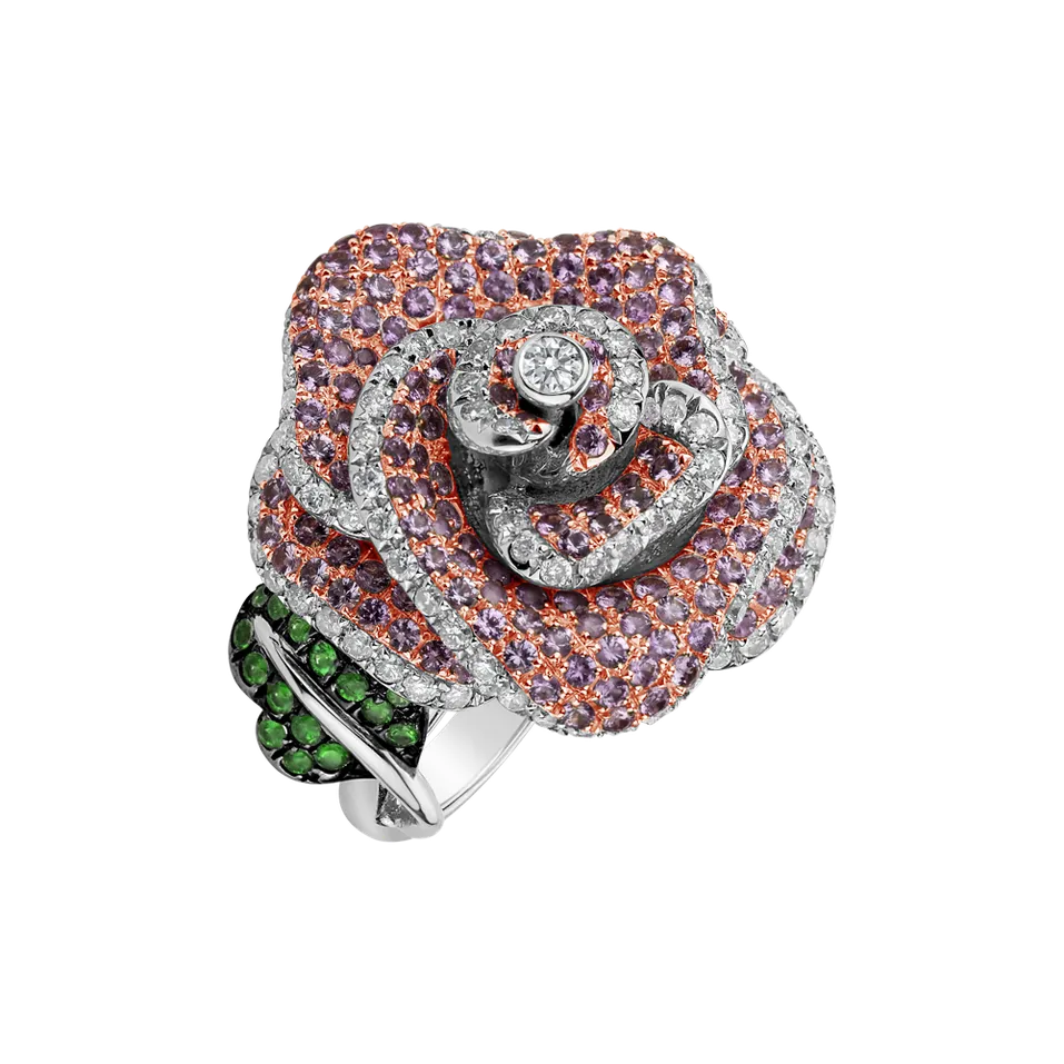 Diamond ring with Sapphire and Garnet Flor
