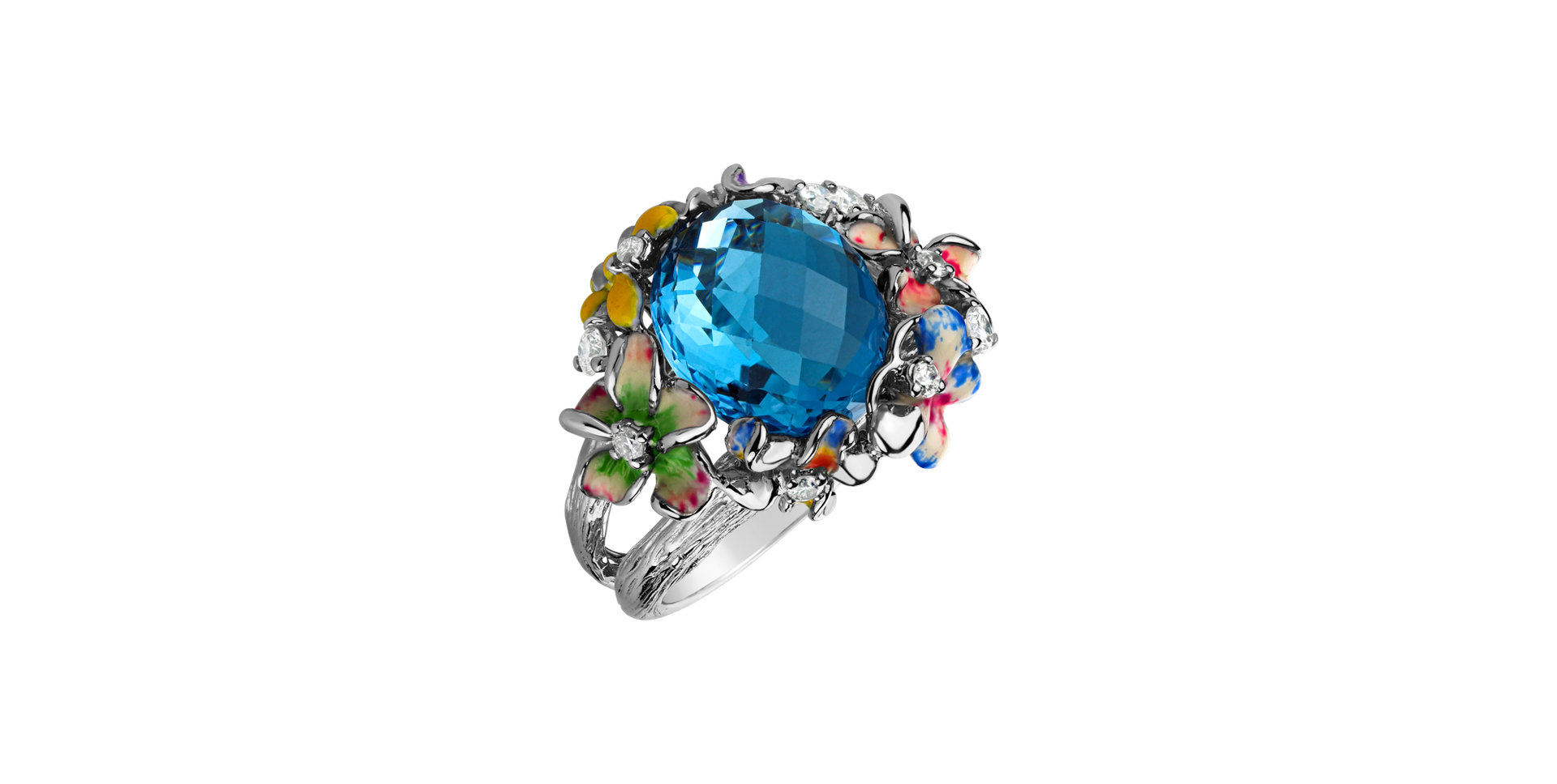 Diamond ring with Topaz and Enamel Flower Liberty