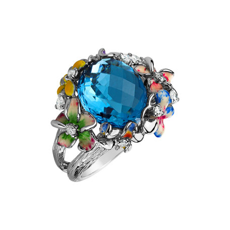 Diamond ring with Topaz and Enamel Flower Liberty