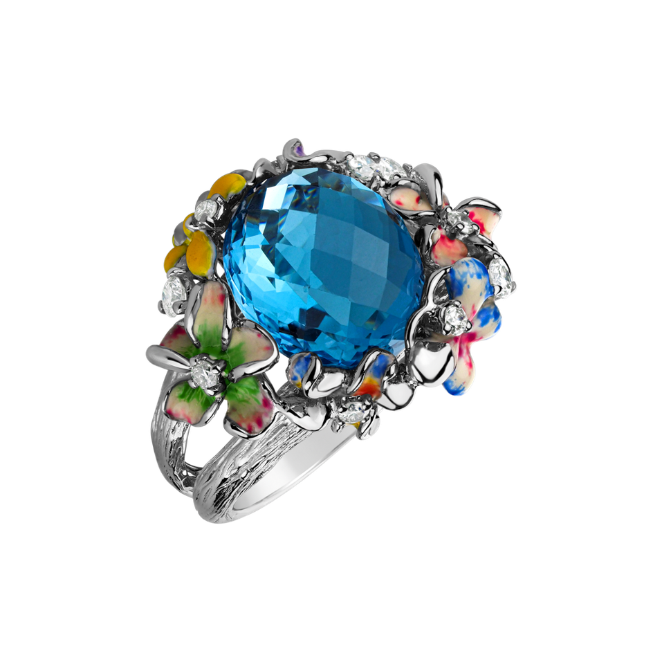 Diamond ring with Topaz and Enamel Flower Liberty