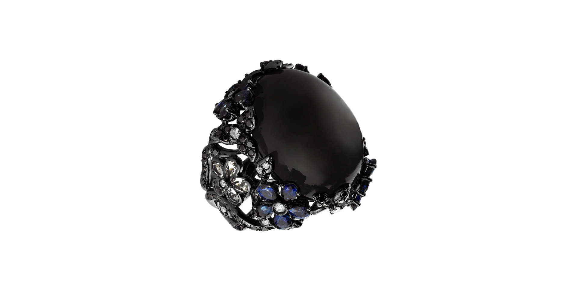 Ring with black and white diamonds, Moonstone and Sapphire Eleasha