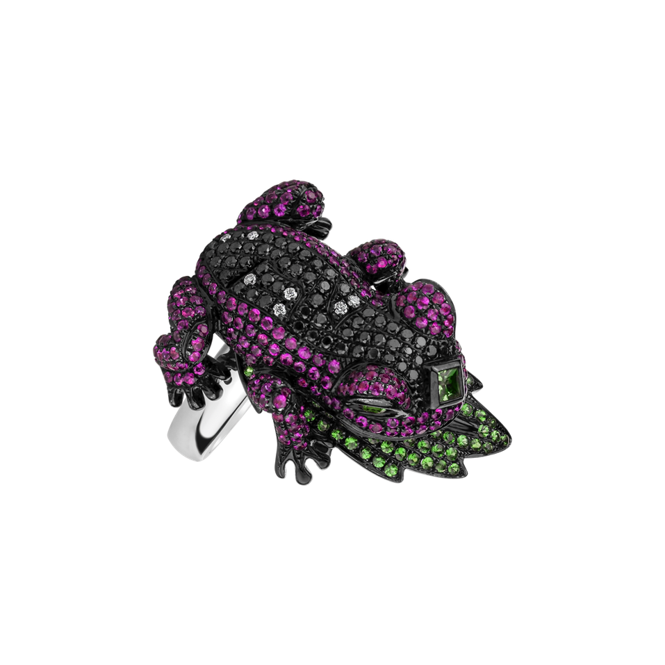 Ring with black and white diamonds, Sapphire and Garnet Fairy tale Frog