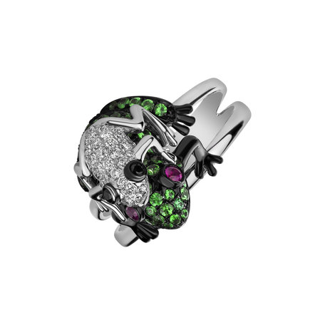 Ring with black and white diamonds, Sapphire and Garnet Frog Twins