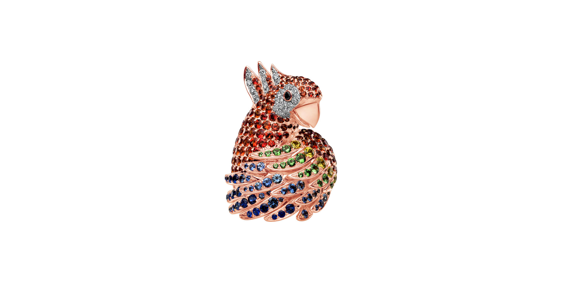 Ring with black and white diamonds, Sapphire and Garnet Sapphire Parrot