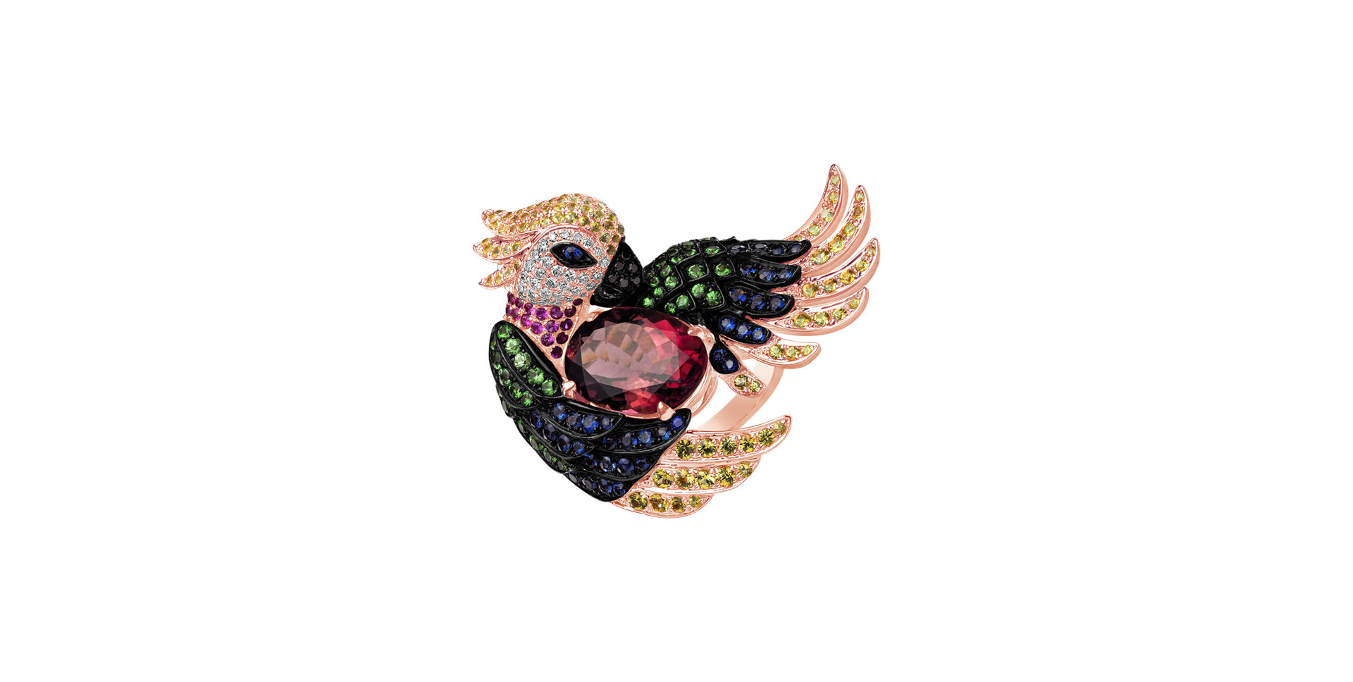 Ring with black and white diamonds and gemstones Parrot King