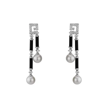Diamond earrings, Pearl and Onyx Ocean Riddle