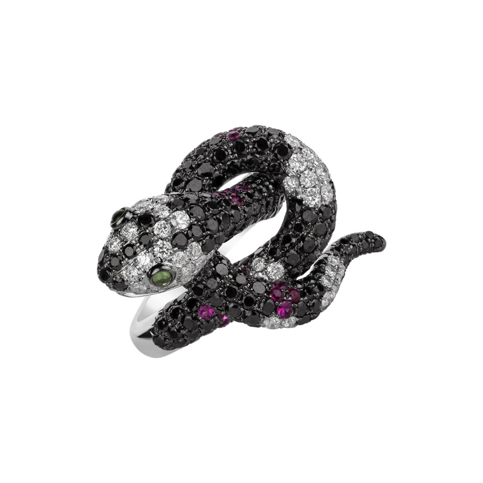 Ring with black and white diamonds, Garnet and Ruby Black and White Snake