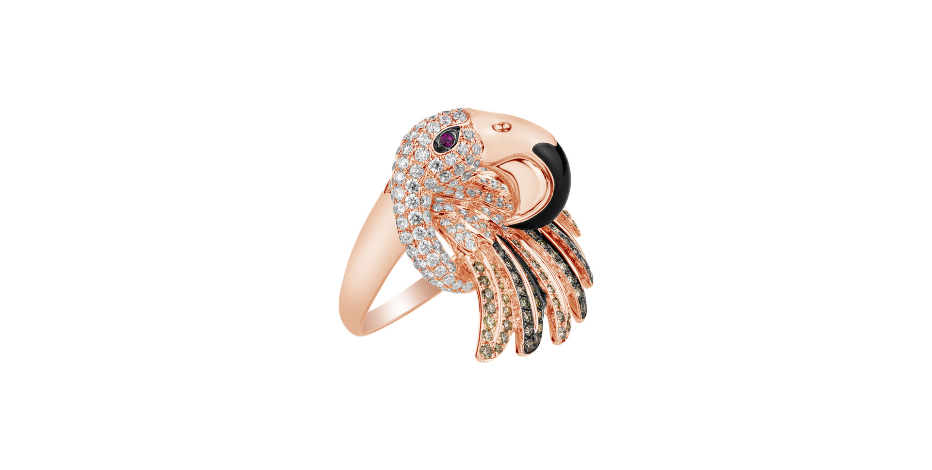 Ring with brown and white diamonds, Ruby and Onyx Galaxy Bird