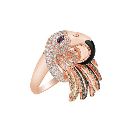 Ring with brown and white diamonds, Ruby and Onyx Galaxy Bird