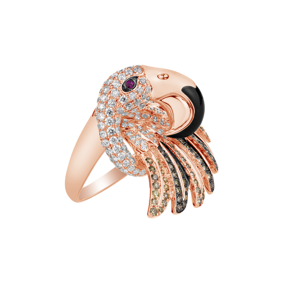 Ring with brown and white diamonds, Ruby and Onyx Galaxy Bird