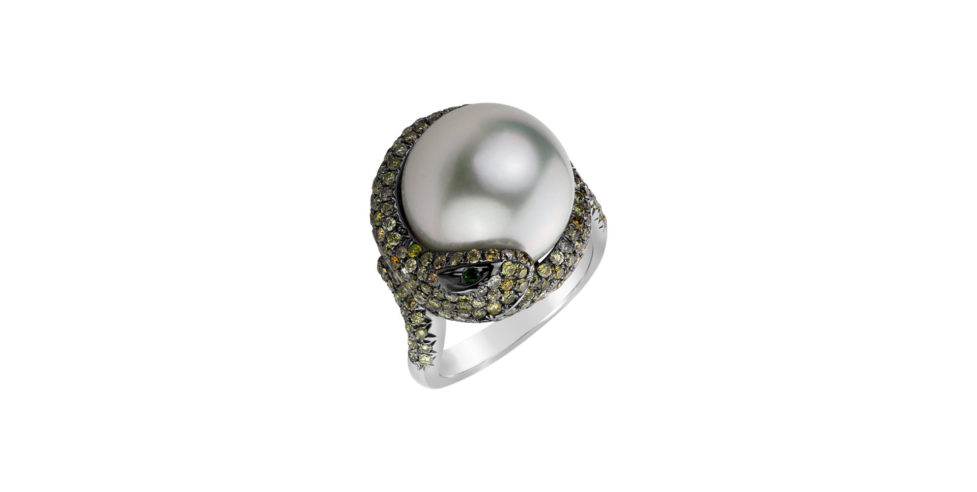 Ring with brown and yellow diamonds, Pearl and Garnet Sea Snake