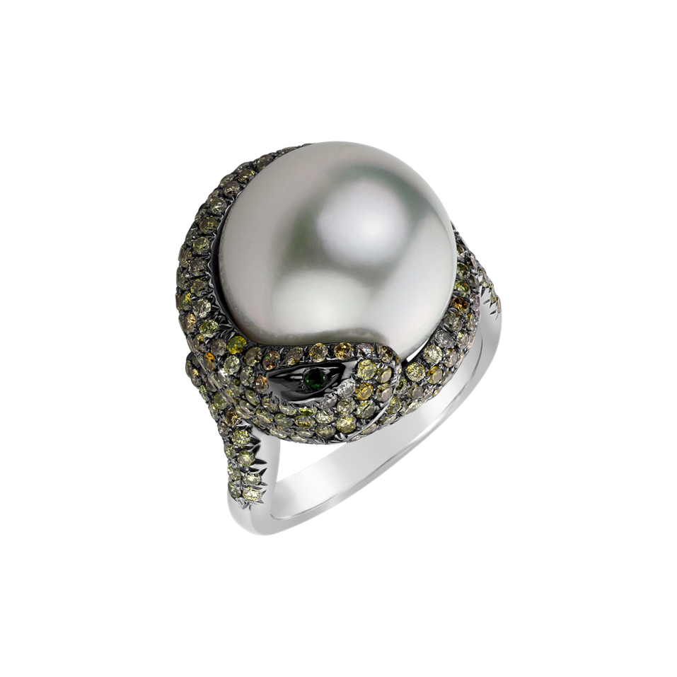 Ring with brown and yellow diamonds, Pearl and Garnet Sea Snake