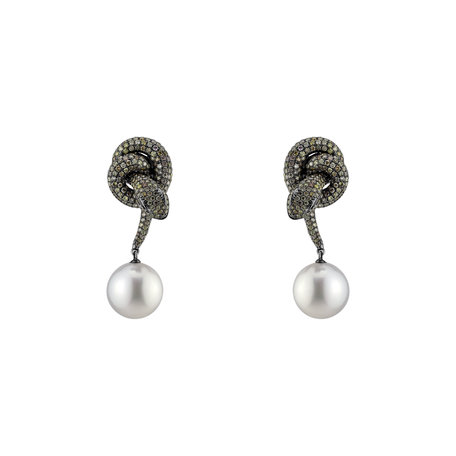 Earrings with brown diamonds, Garnet and Pearl Sea Glamour