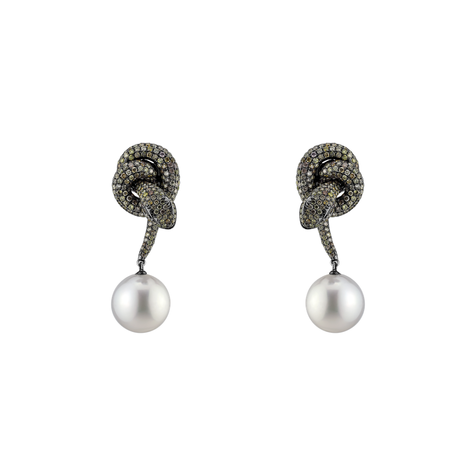 Earrings with brown diamonds, Garnet and Pearl Sea Glamour
