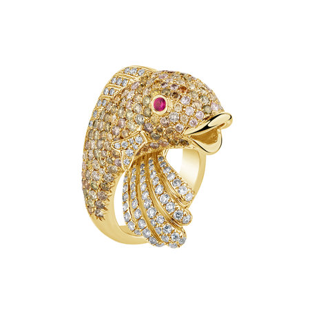 Ring with brown, yellow, white diamonds and Ruby The Legendary Carp