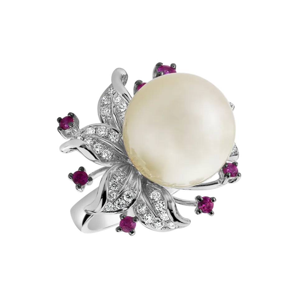 Diamond ring with Pearl and Sapphire Ocean Orchid