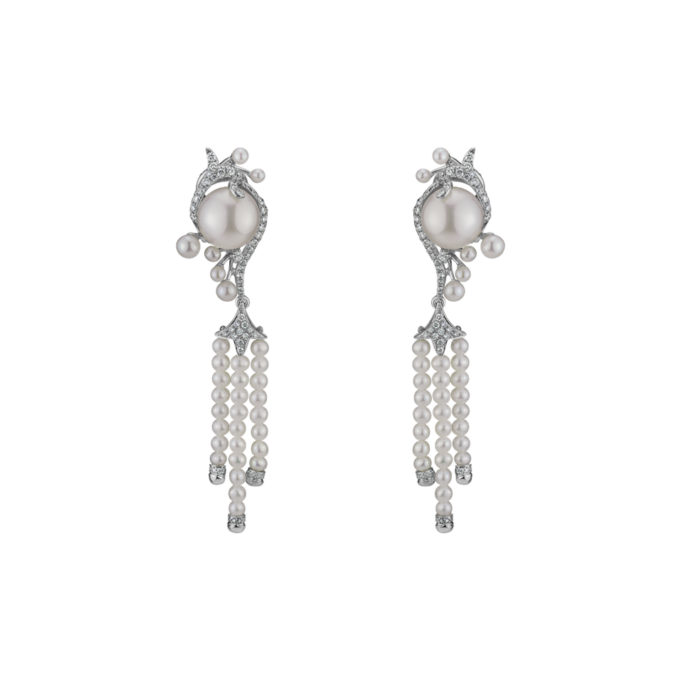 Diamond earrings with Pearl White Waterfall