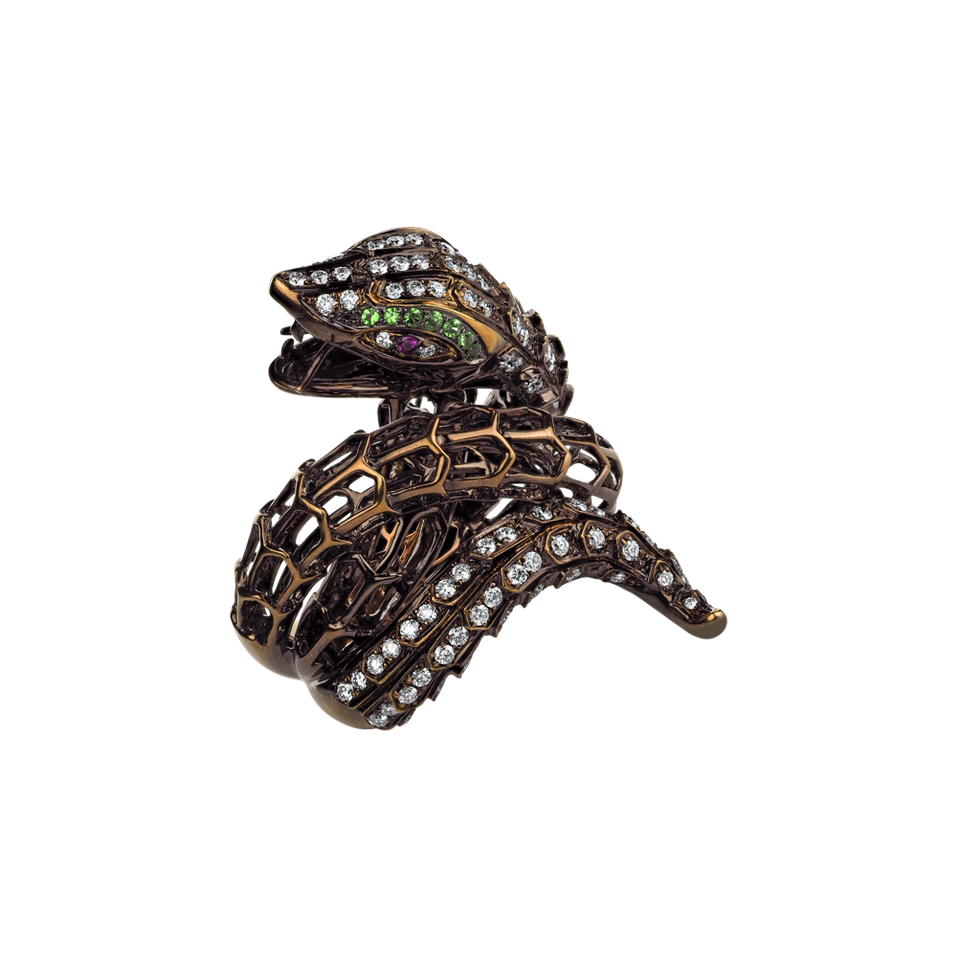 Diamond ring with Ruby and Garnet Star Snake