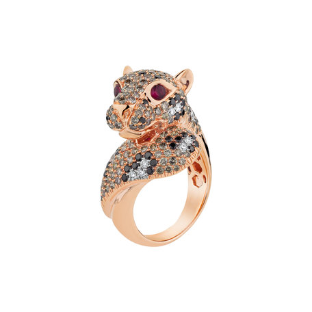 Ring with white, brown and black diamonds and Ruby Shining Cheetah